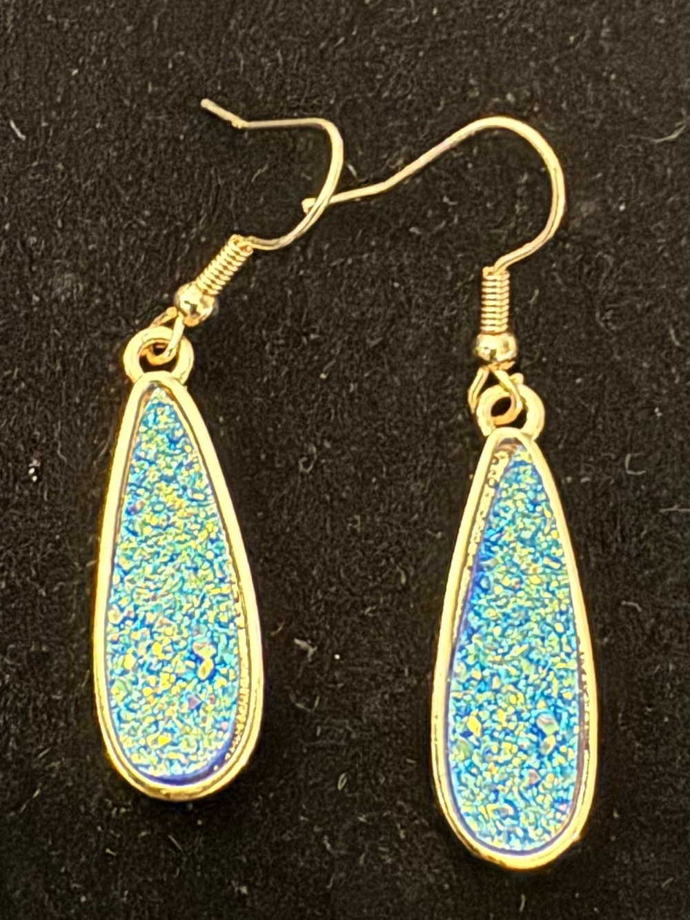 Gold Teardrop Blue Druzy Dangle Earrings - Women Jewelry